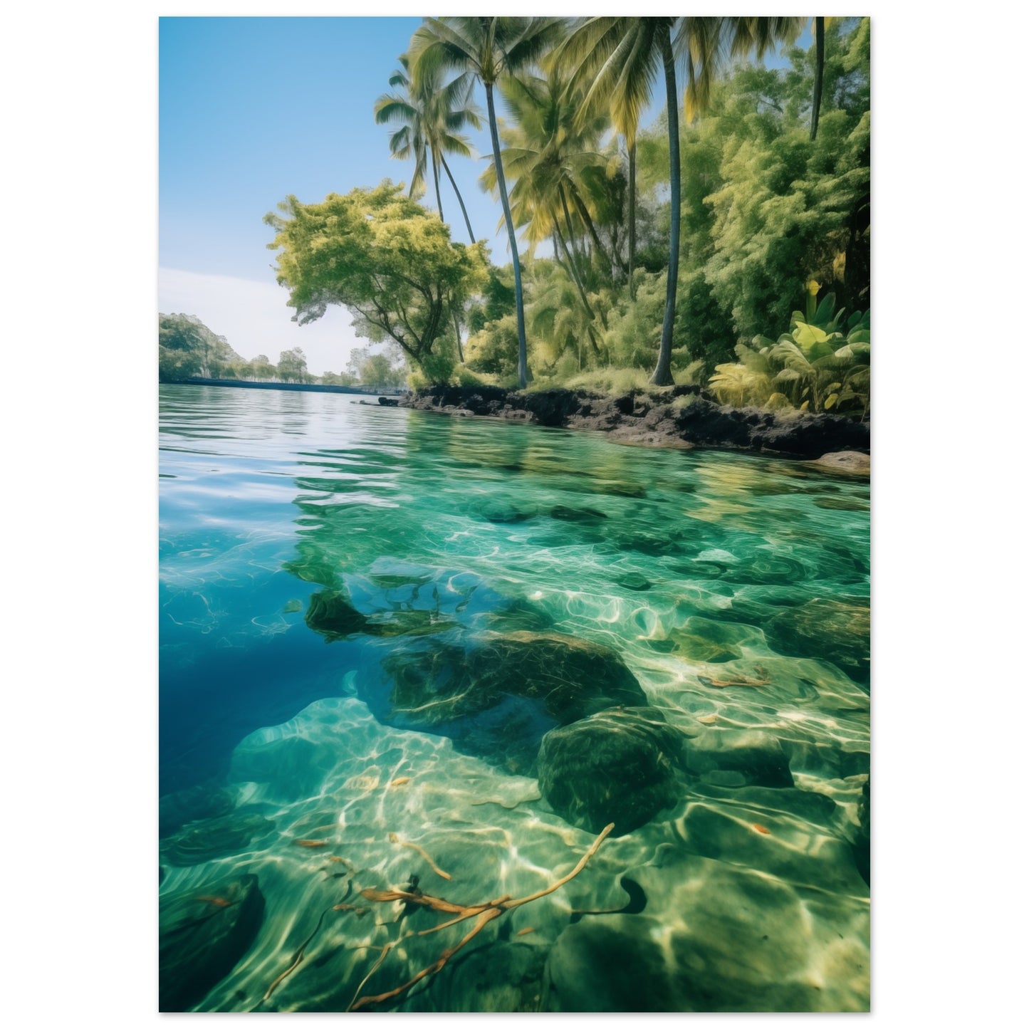 Minimalist wall art of a tranquil tropical lagoon