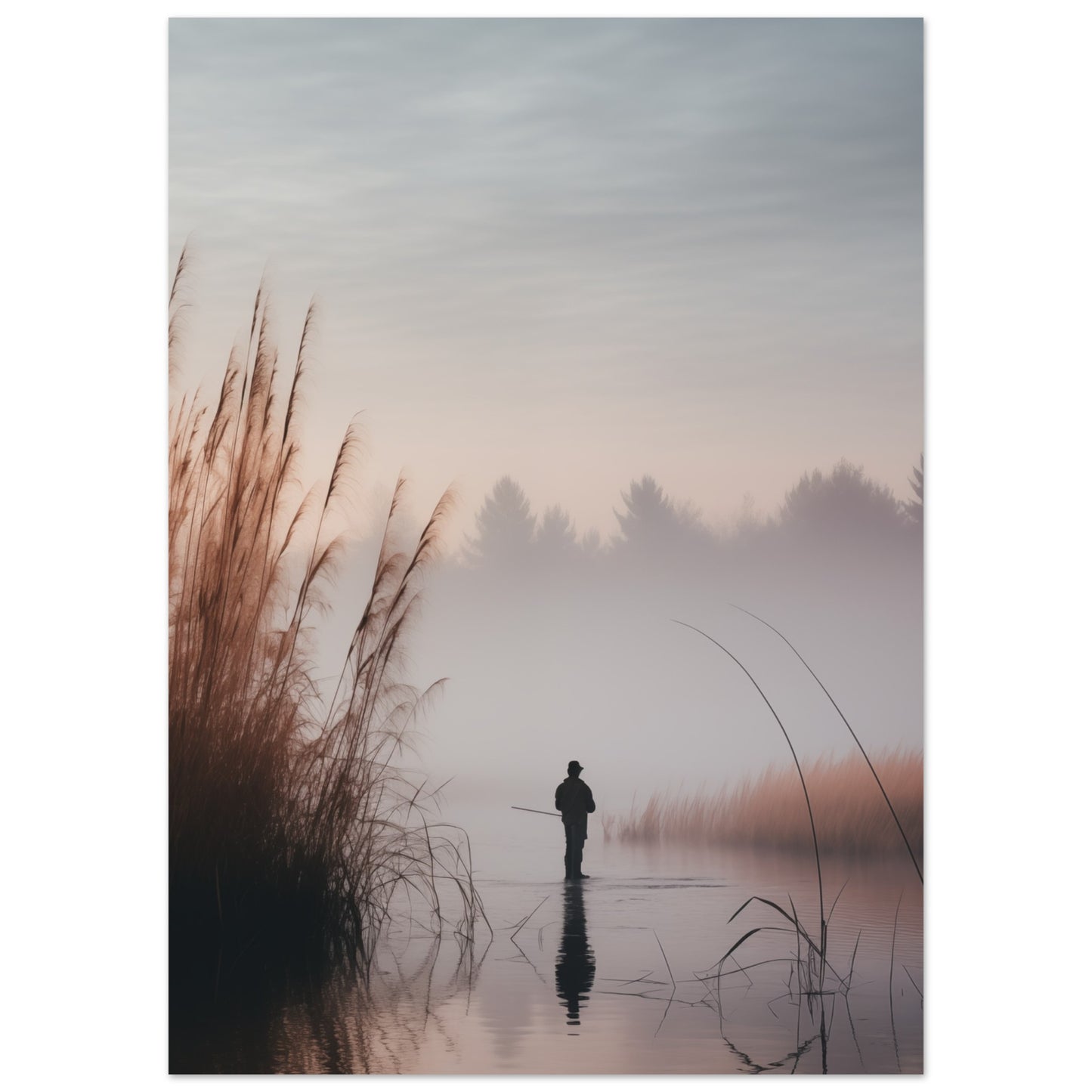 Serene fishing scene in early morning fog