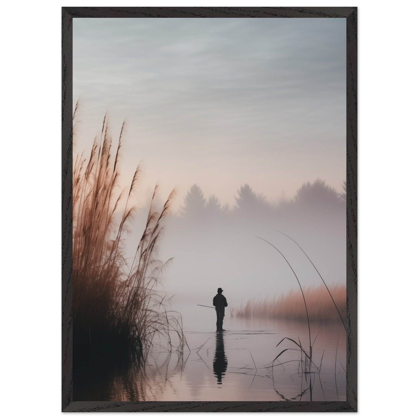 Calm nature wall art with fisherman at dawn