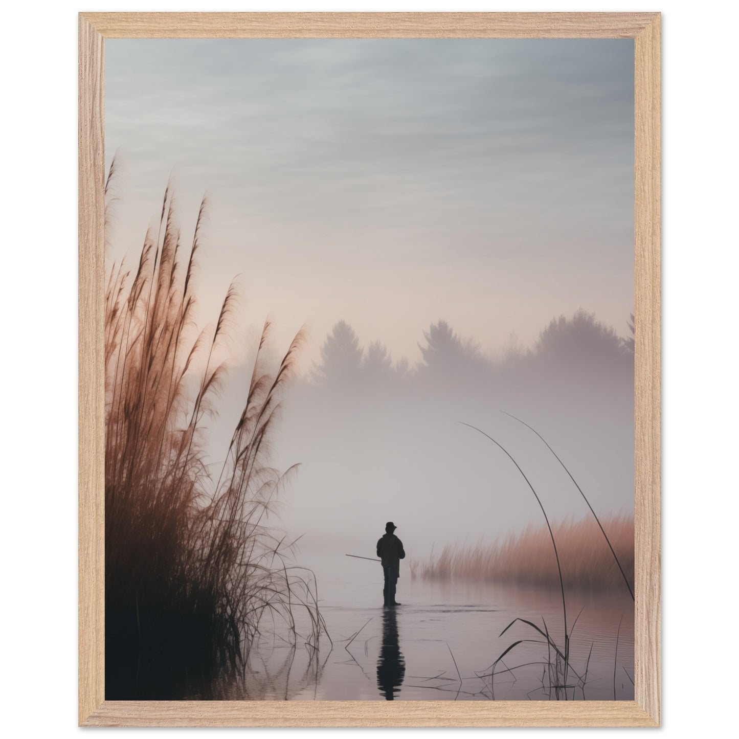 Quiet lake scene with fisherman silhouette