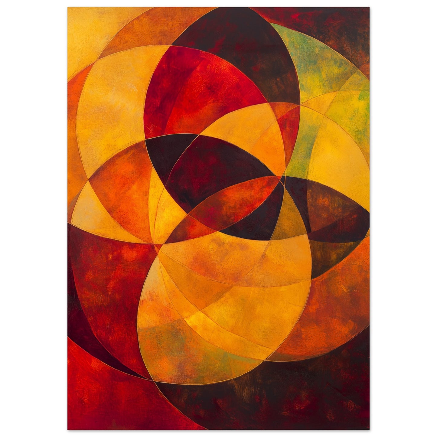 Vibrant geometric art featuring red, orange, and yellow tones