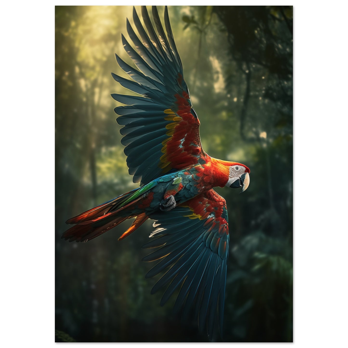 Macaw soaring over rainforest poster adding freshness to any space