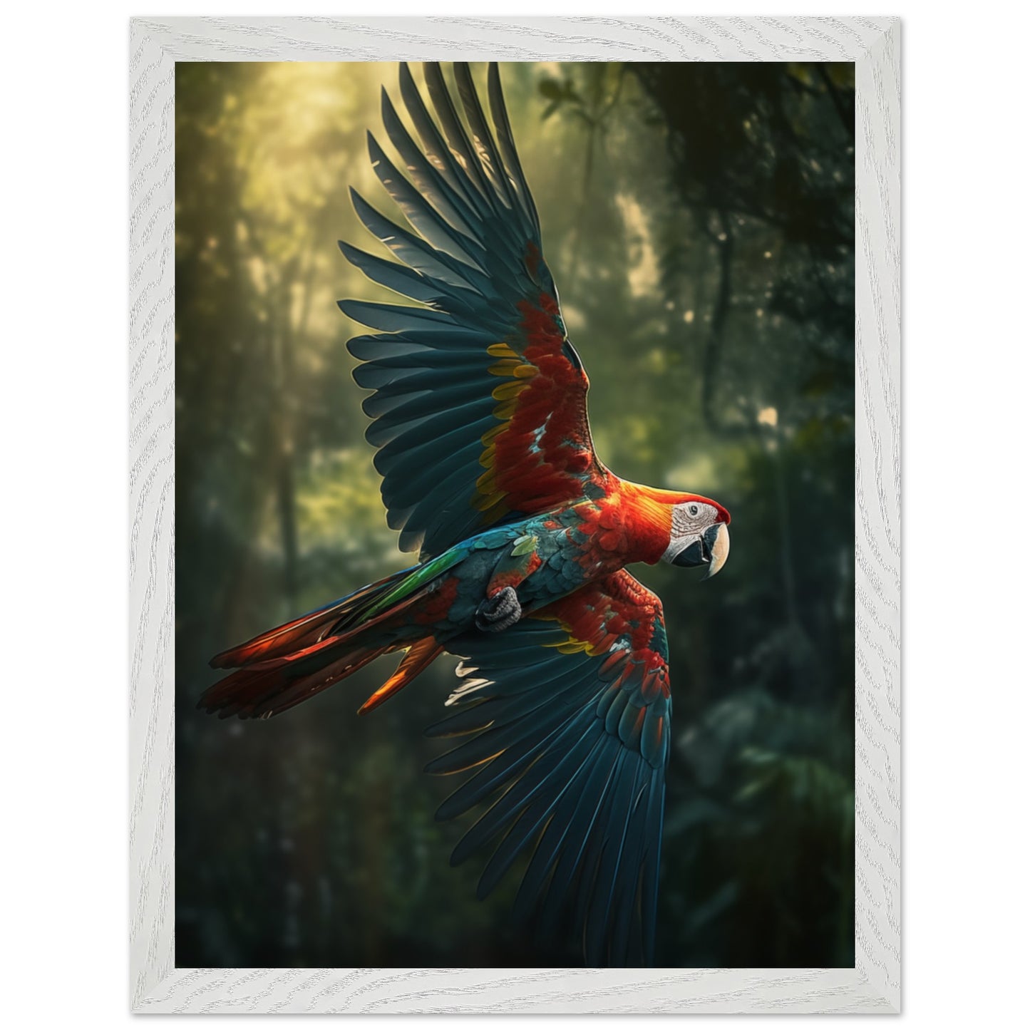 Dynamic rainforest scene with macaw for office wall art