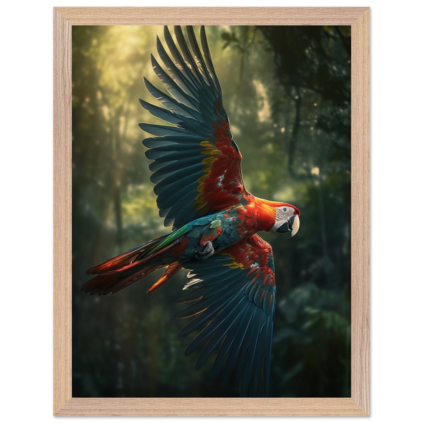 Minimalist nature print featuring macaw in flight