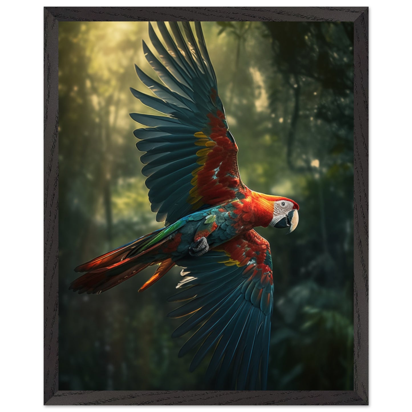 Elegant macaw soaring over rainforest poster
