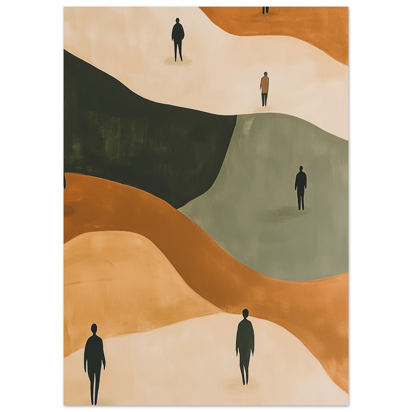 Minimalist line art print of figures walking through serene scenes