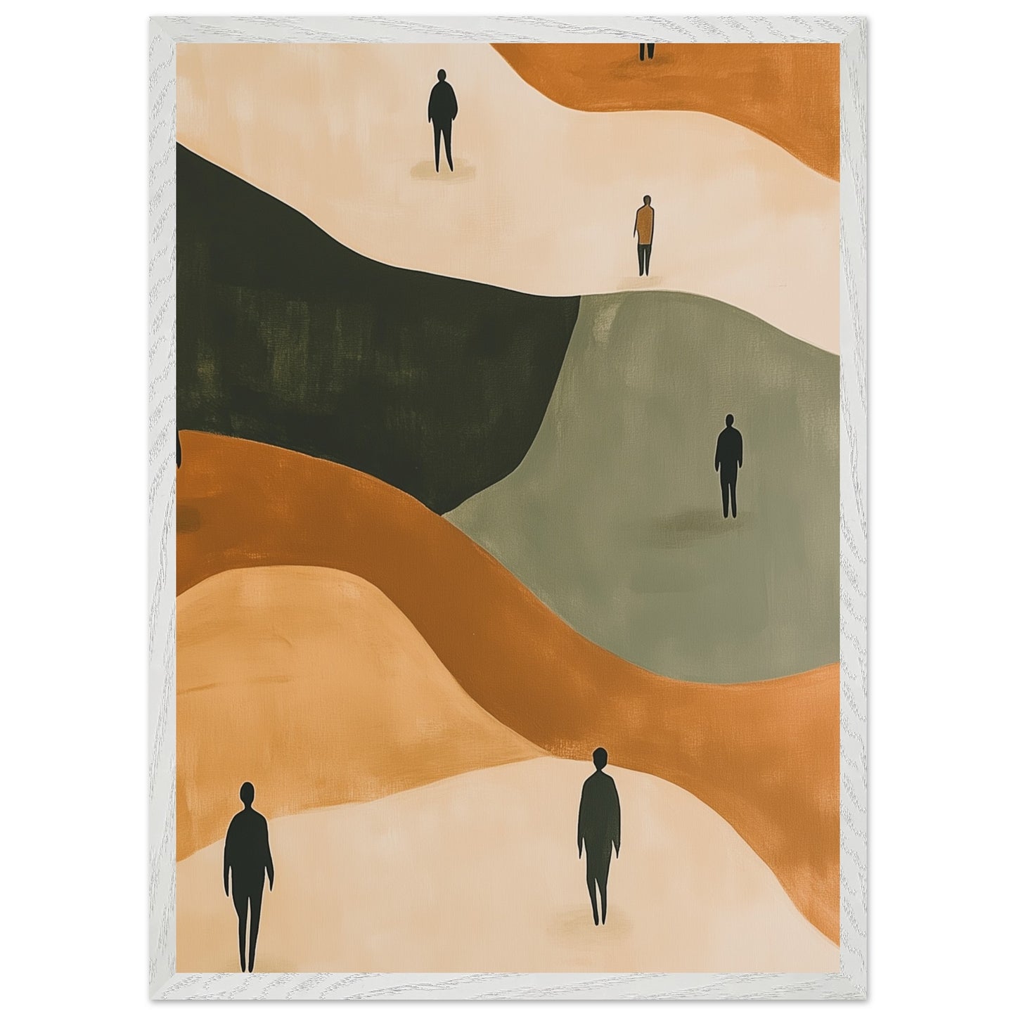 Solitary Wanderers Minimalist Abstract Figure Art Print featuring silhouetted figures in abstract landscapes